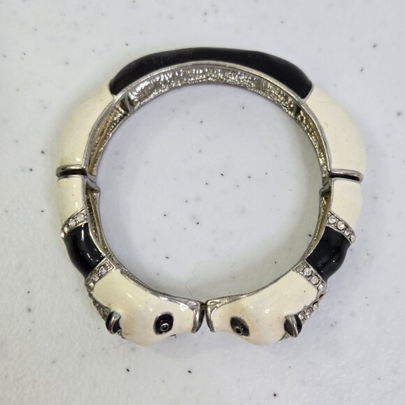 Vintage 80s Panda Bracelet Enamel Rhinestone Stretch Bangle Figural Silver Tone - Picture 2 of 10